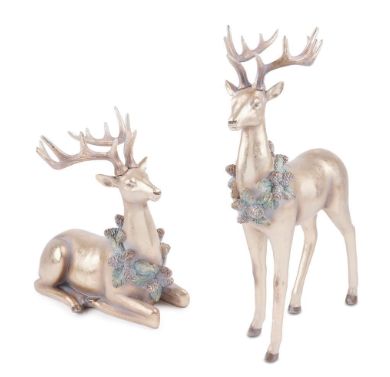 Reindeer, Set/2 Gold Shimmer w/Pinecone Wreath 19"/11"