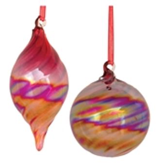 Ornament, Iridescent Red Swirl Glass 2 Asst