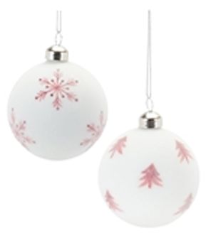 Ornament, White Frosted w/Red Snowflakes 3" Glass 2 Asst