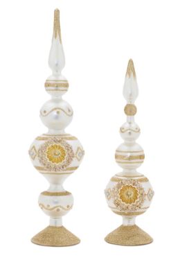 Finial, Frosted White w/Gold Glitter Accents Glass Set/2