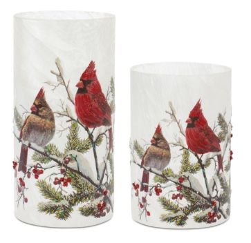 Candle Holder, Set/2 Frosted Glass Double Cardinal