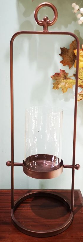 Lantern, 8x22" Copper Metal Round Base