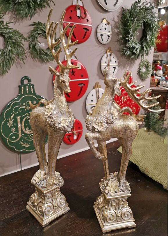 Deer, Set/2 Standing on Scroll Pedestal Gold 16/21"
