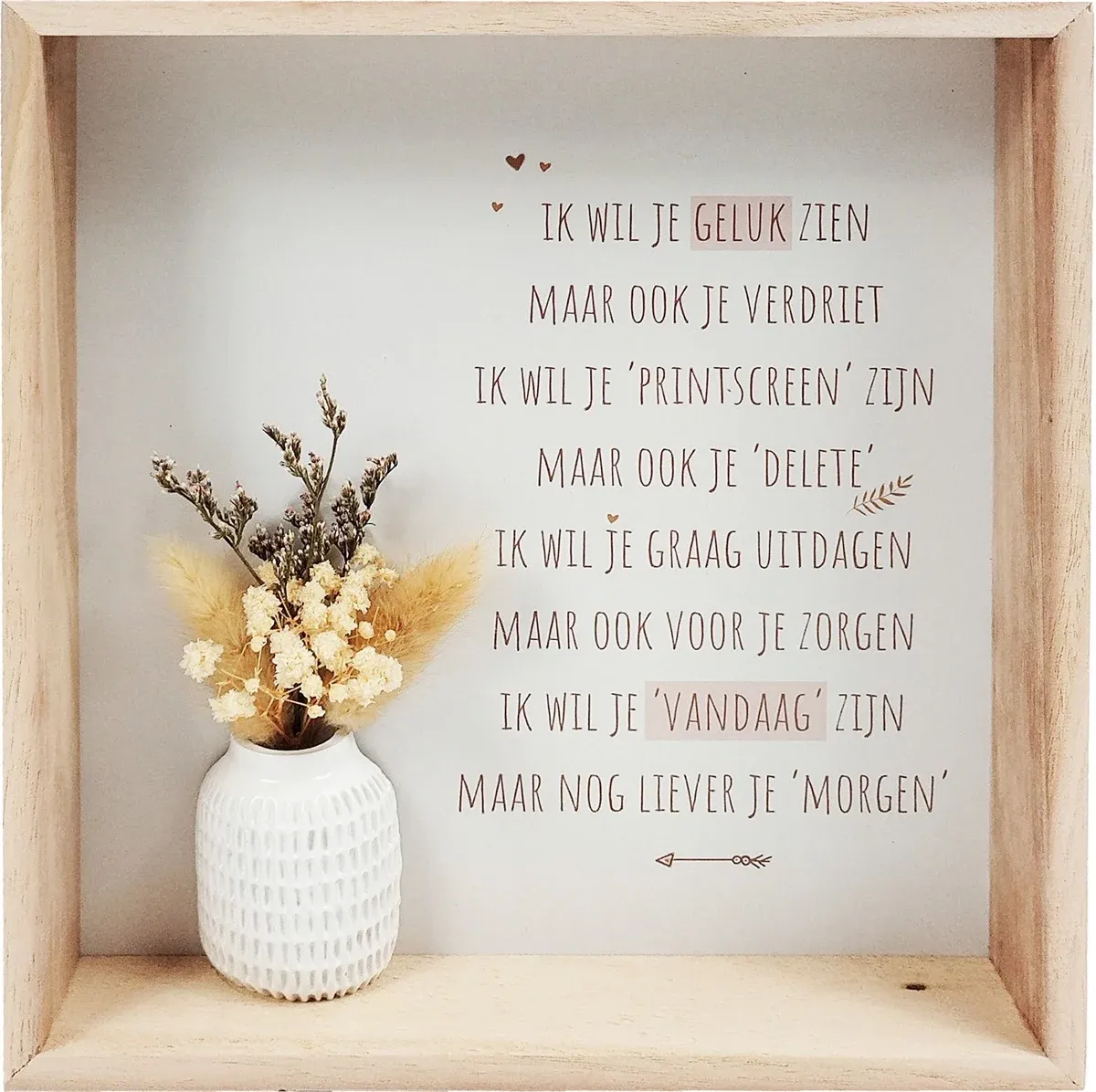 Tekstbord met gedroogde bloempjes