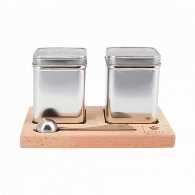 Theeplank met 2 vensterblikjes &amp; RVS maatlepel