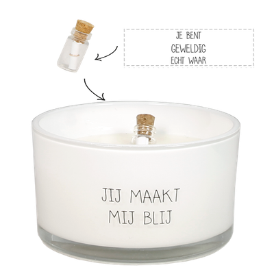 Flessenpost kaars : "Jij maakt me blij"