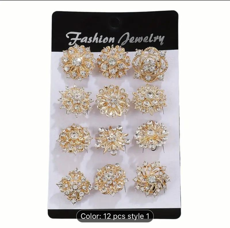 12 pcs set of Elegant Rhinestone flower Brooch Gold Pins