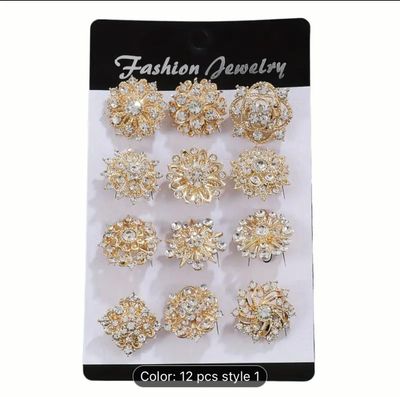 12 pcs set of Elegant Rhinestone flower Brooch Gold Pins