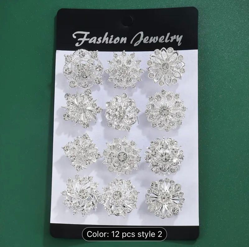 12 pcs set of Elegant Rhinestone flower Brooch Silver Pins