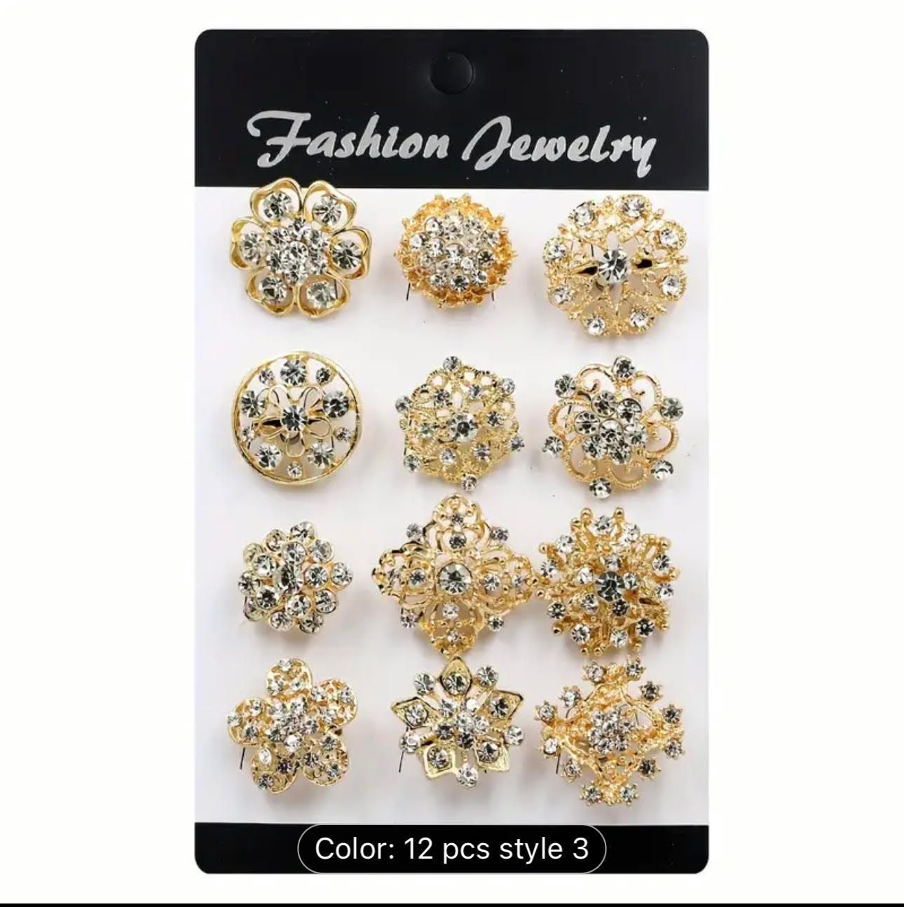 ​12 pcs Set of Elegant Rhinestone flower Brooch Gold Pins