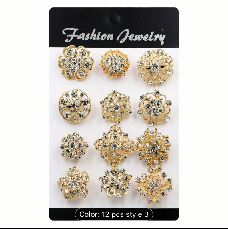 ​12 pcs Set of Elegant Rhinestone flower Brooch Gold Pins