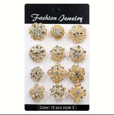 ​12 pcs Set of Elegant Rhinestone flower Brooch Gold Pins