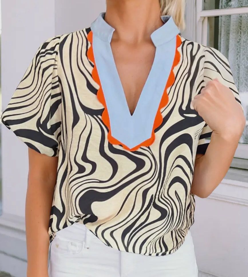 CONTRAST TRIM/ZEBRA STRIPE BLOUSE