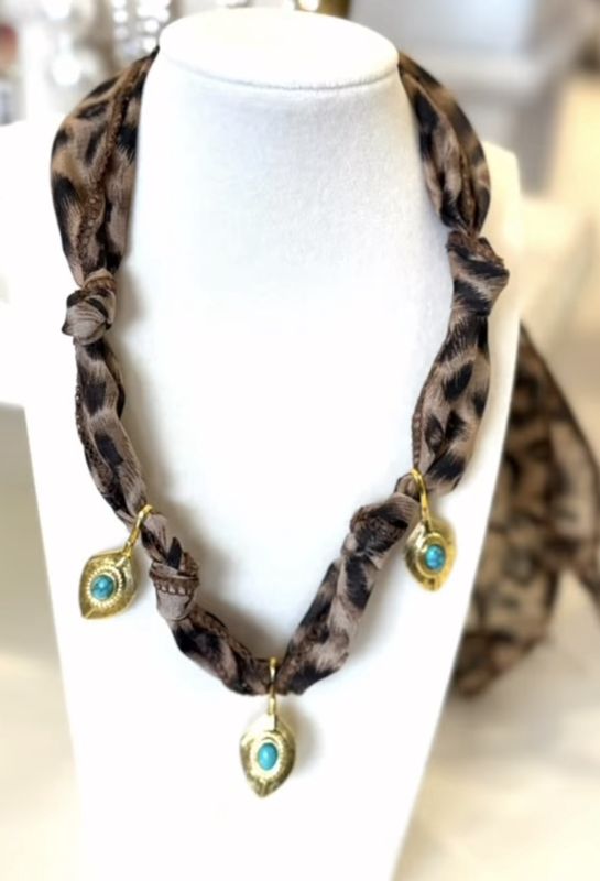 SCARF NECKLACE-LEOPARD AND TURQUOISE