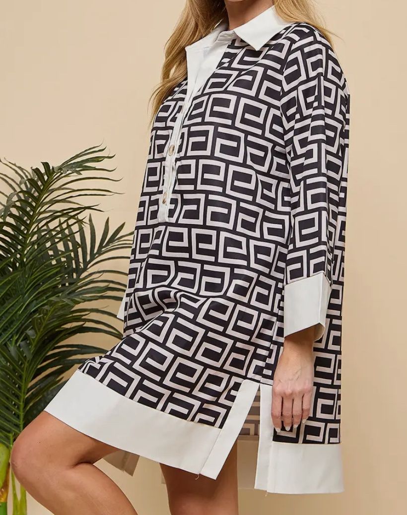 GEOMETRIC PRINT LAPEL DRESS