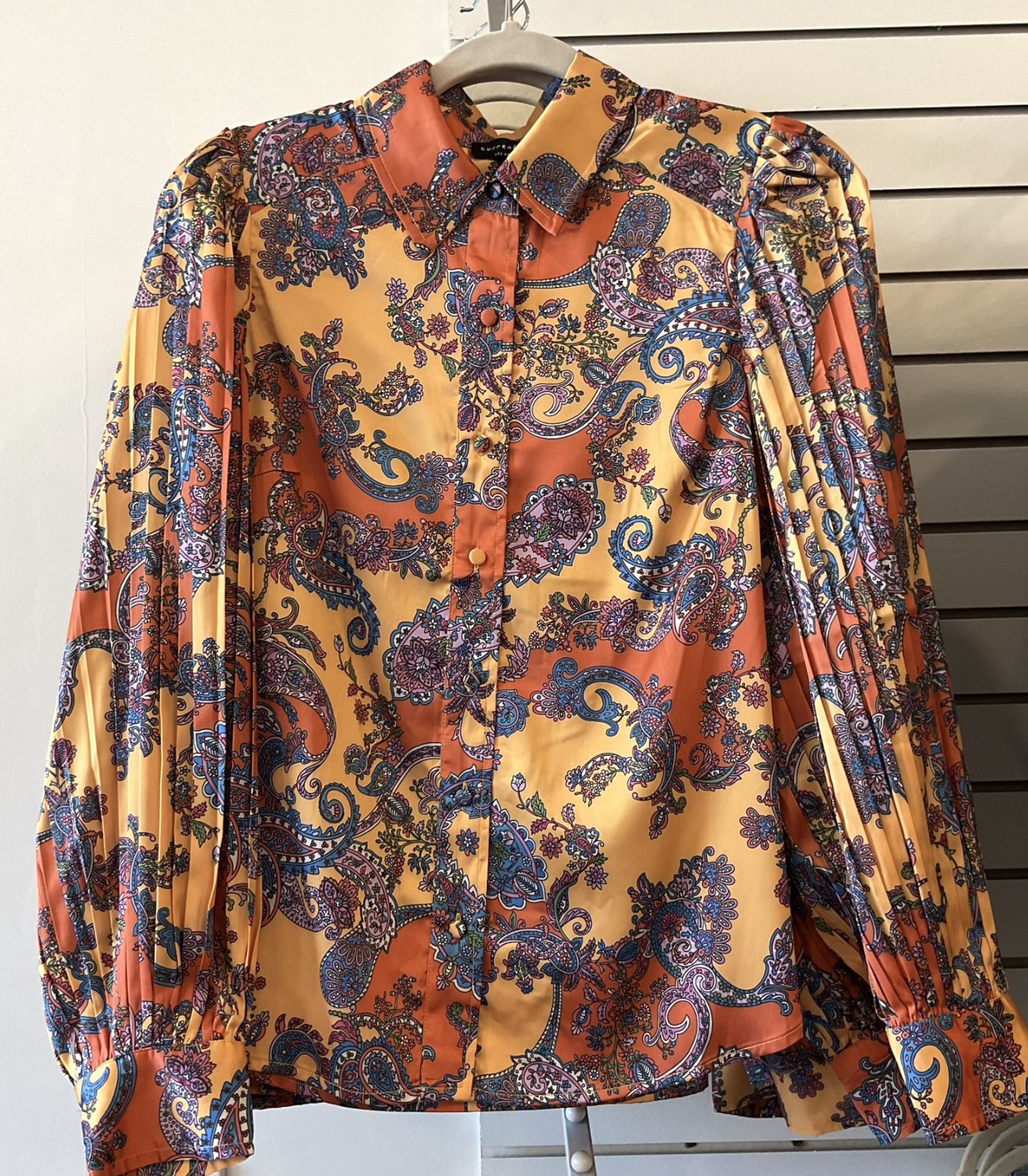ORANGE PAISLEY PLEATED SLEEVE BLOUSE