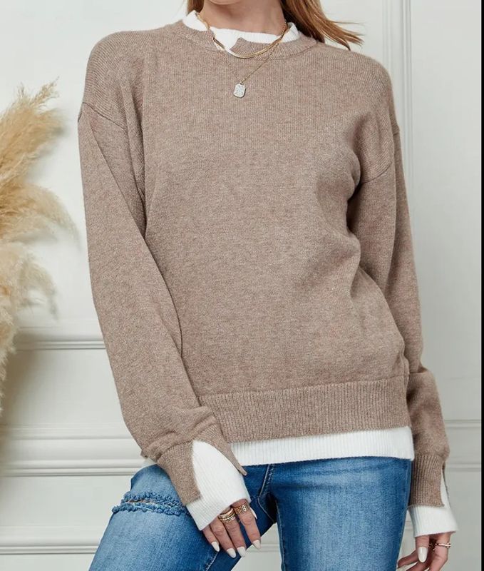 LAYERED LONG SLEEVE KNIT SWEATER-MOCHA