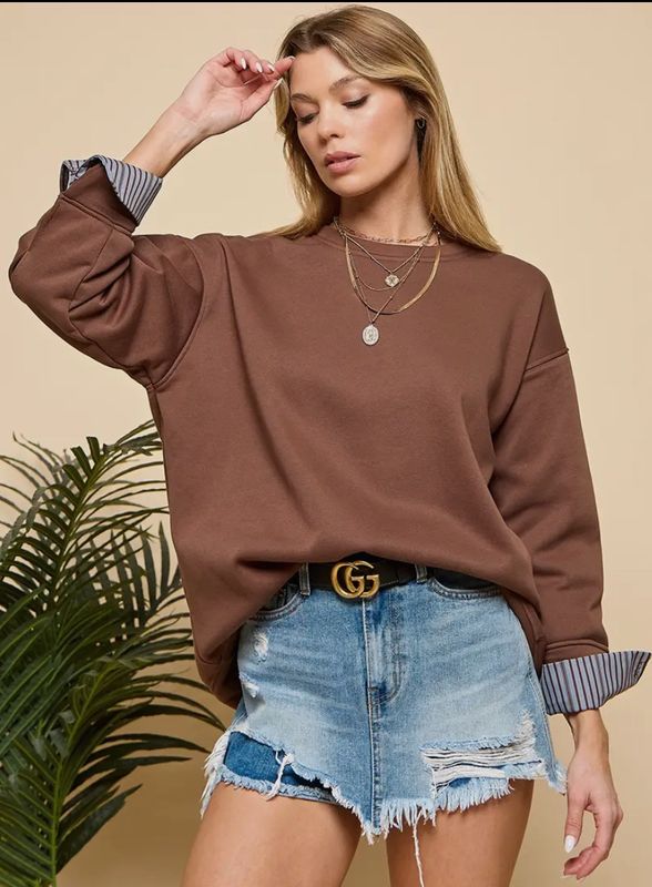 SARA STRIPE ACCENT SWEATSHIRT-  BROWN