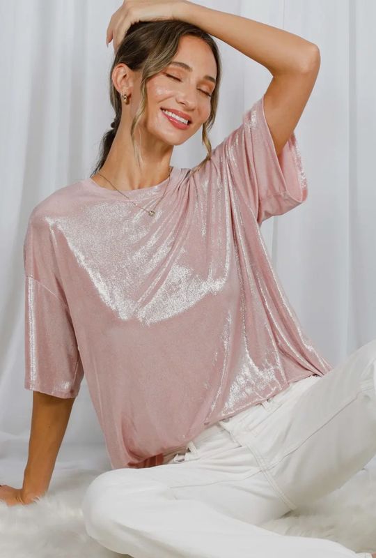 PINK METALLIC FOIL KNIT TOP