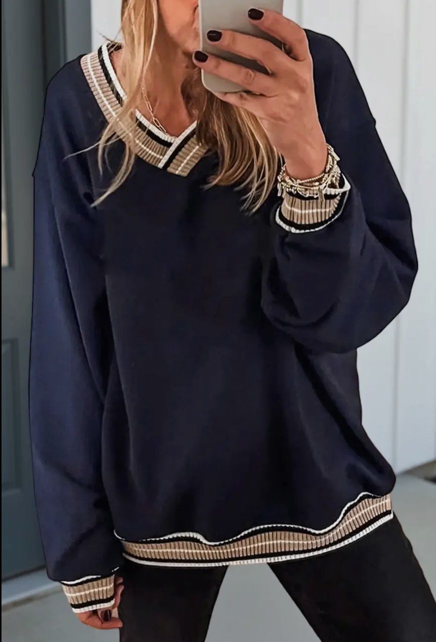 NAVY CONTRAST TRIM VARSITY SWEATSHIRT