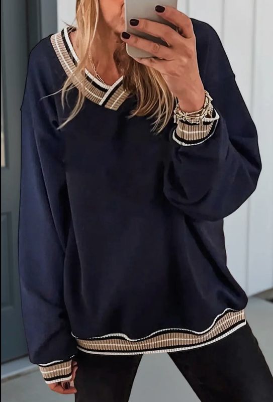 NAVY CONTRAST TRIM VARSITY SWEATSHIRT