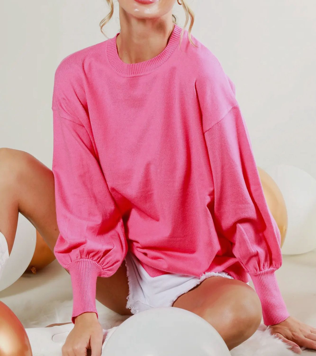 EMMA BALLOON SLEEVE KNIT SWEATER- PINK