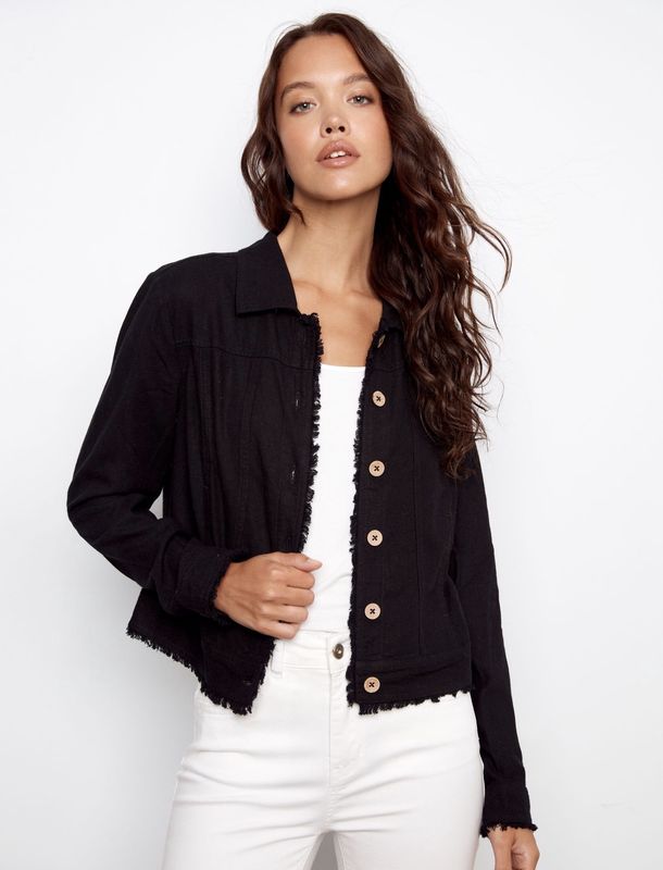 LINEN JACKET W/ FRAYED HEM- BLACK