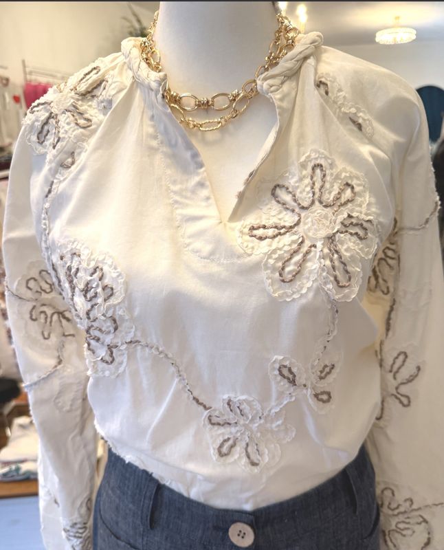 TEXTURED EMBROIDERED BLOUSE-ECRU