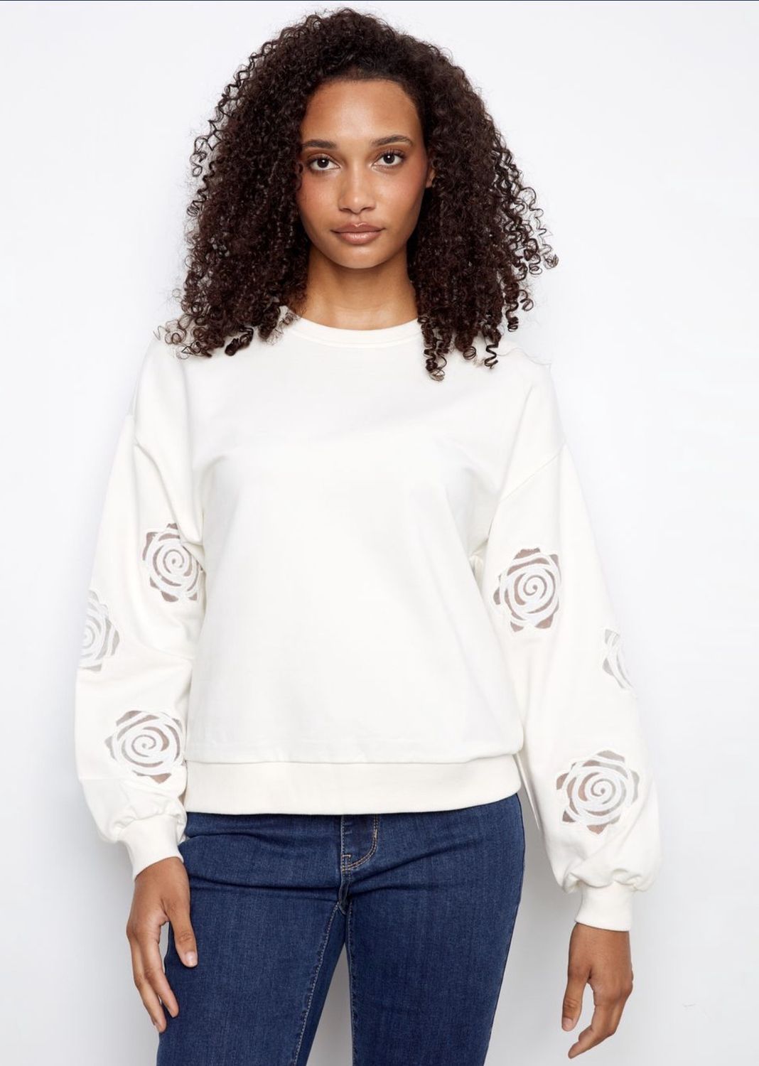 FRENCH TERRY TOP WITH EMBROIDERED SLEEVE
