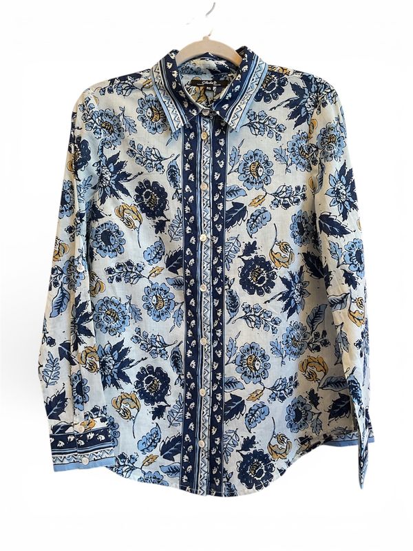 CHARLIE B PRINTED COTTON VOILE BLOUSE-BLUE