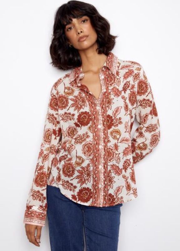 CHARLIE B PRINTED COTTON VOILE BLOUSE-BLUE