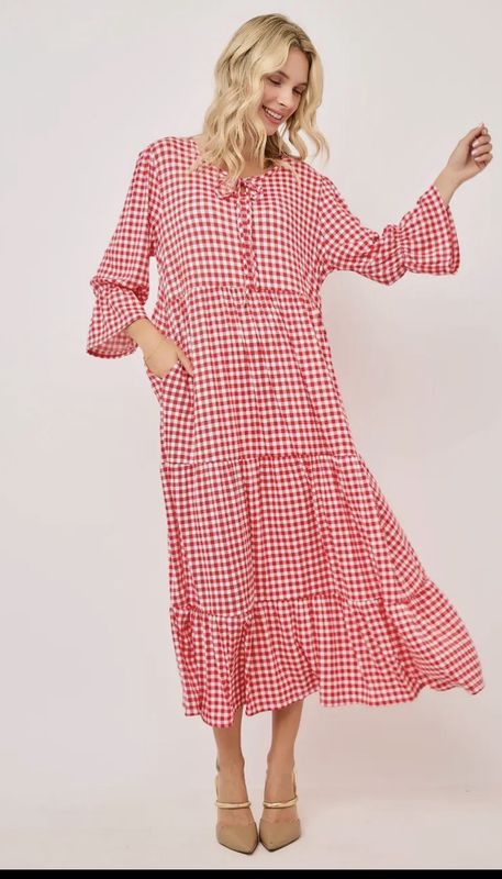 PLUS SIZE RED GINGHAM DRESS W/POCKETS