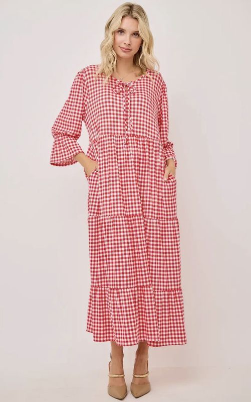 PLUS SIZE RED GINGHAM DRESS W/POCKETS