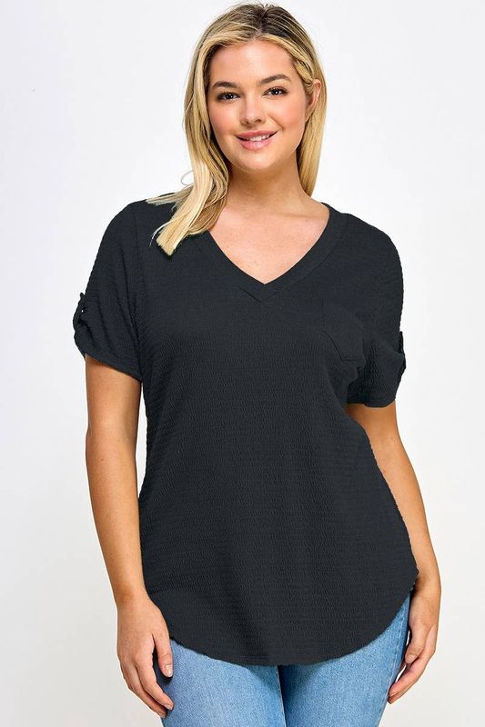 Plus Size Smocked Shirt Tail Top PL2450P-T: Black / Plus Size / XL