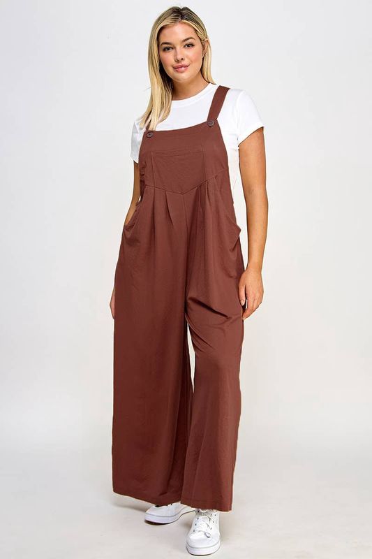 Plus Size Pleated Overalls with Pockets - JK18514-JS: Brown / Plus Size / 2XL