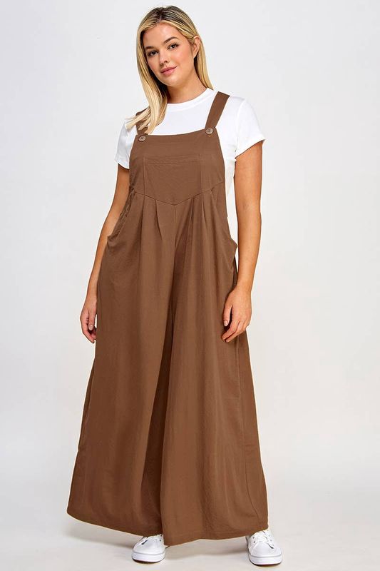Plus Size Pleated Overalls with Pockets - JK18514-JS: Brown / Plus Size / 2XL