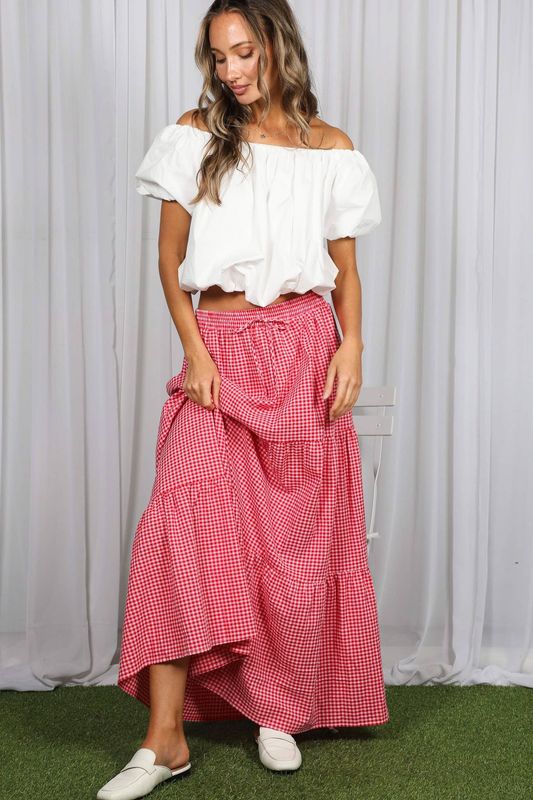 GINGHAM TIERED MAXI-RED  VS82371C1: Red / M