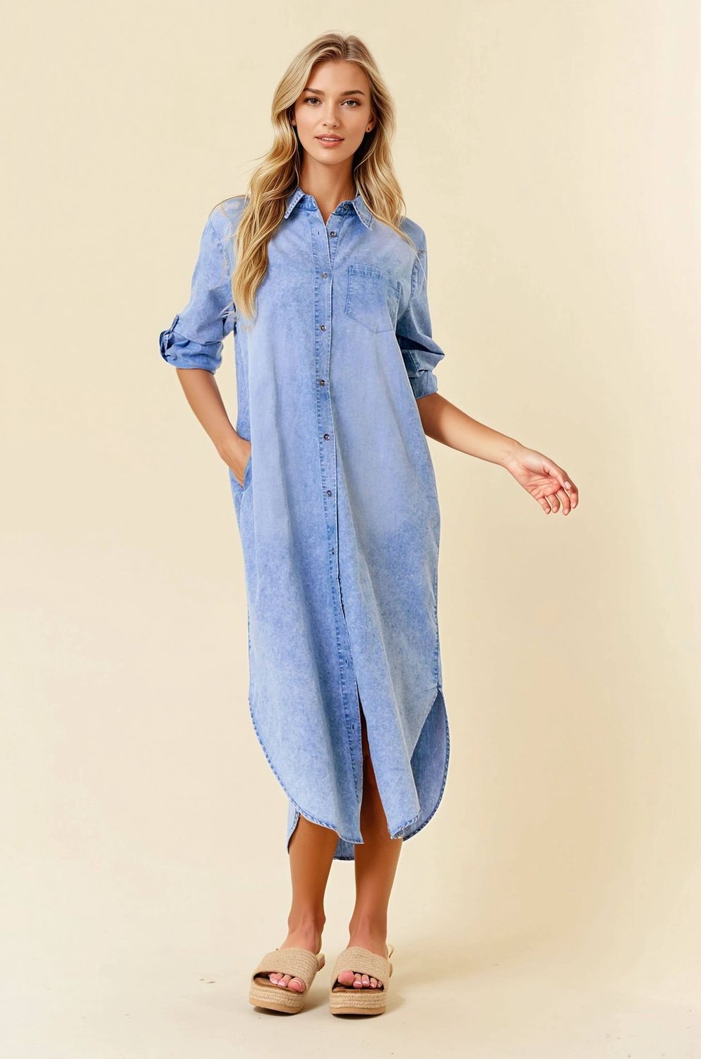 ROLL TAB 3/4 SLEEVE TENCEL DENIM SHIRT MIDI DRESS - 27638D: LT.DENIM / L