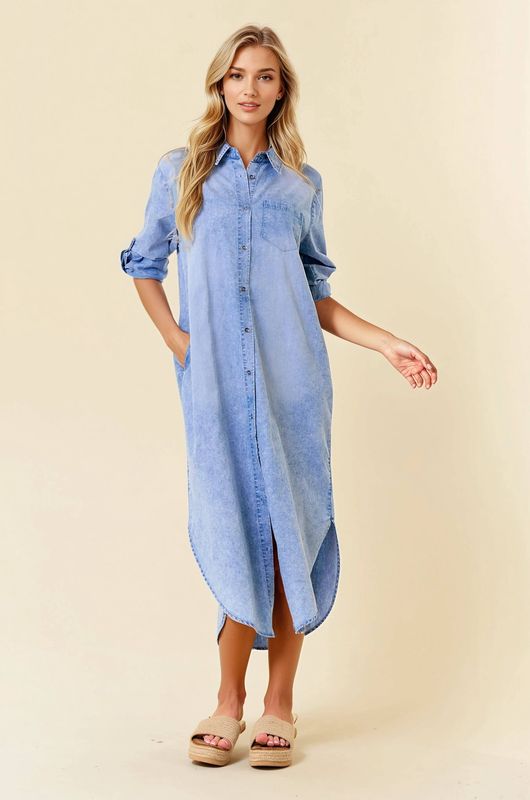 ROLL TAB 3/4 SLEEVE TENCEL DENIM SHIRT MIDI DRESS - 27638D: LT.DENIM / S