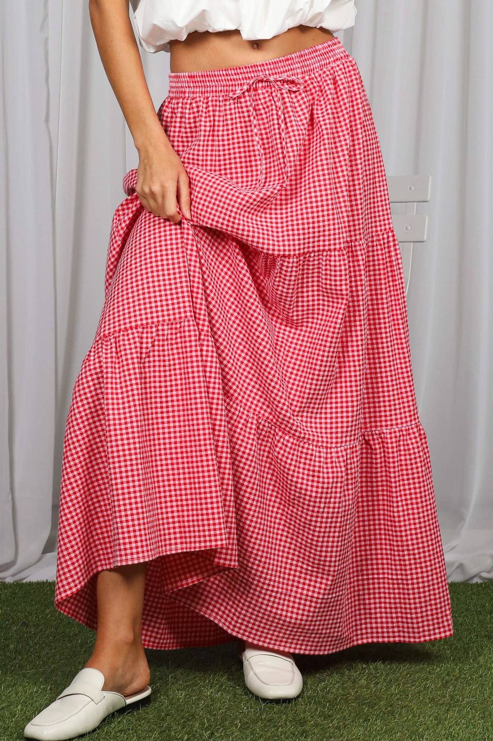 GINGHAM TIERED MAXI- RED