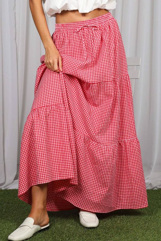 GINGHAM TIERED MAXI- RED