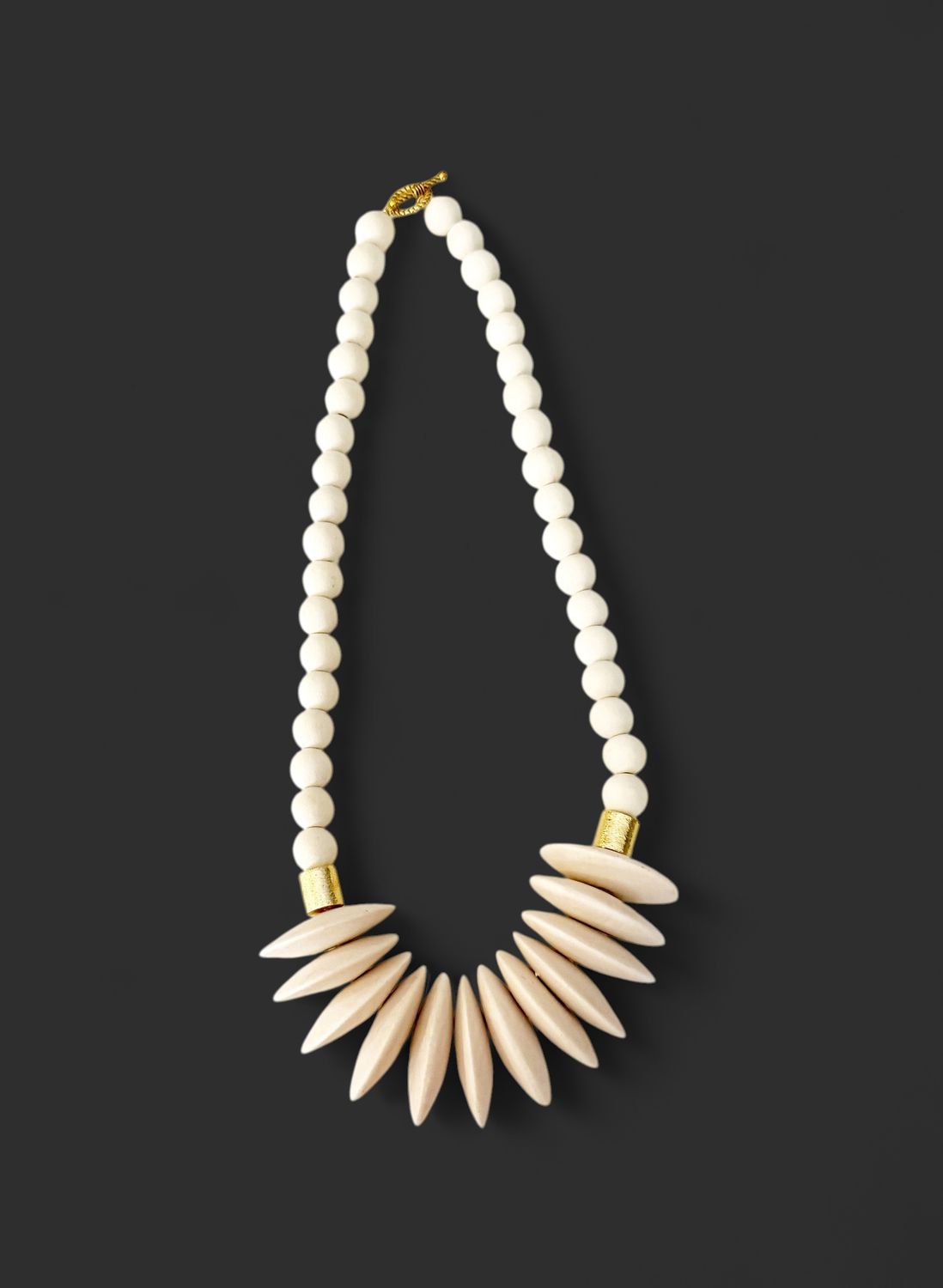 Wood Disk Round Bead Midi Neutral Statement Necklace