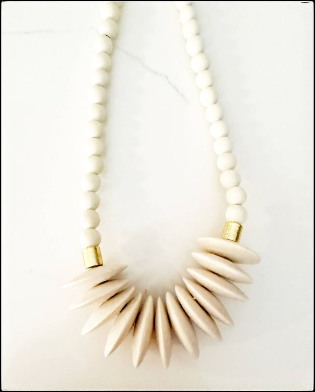Wood Disk Round Bead Midi Neutral Statement Necklace