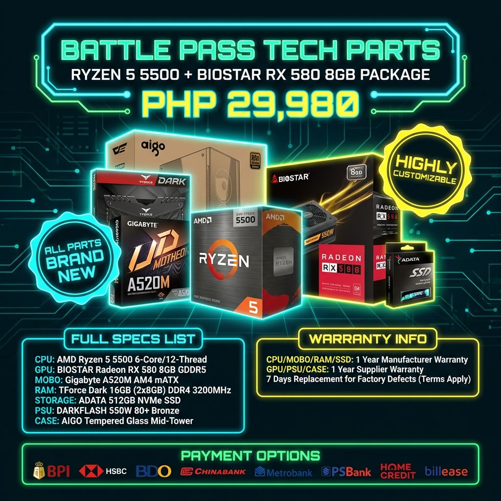 Ryzen 5 5500 + BIOSTAR RX 580 8GB PC BUILD PACKAGE