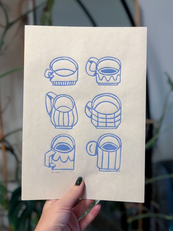 Linoprint 'Ode to mugs' - Light blue