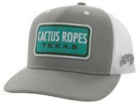 ‚ÄúCR83‚Äù Cactus Ropes, Grey / White 5-Panel Trucker with Turquoise / White Rectangle Patch