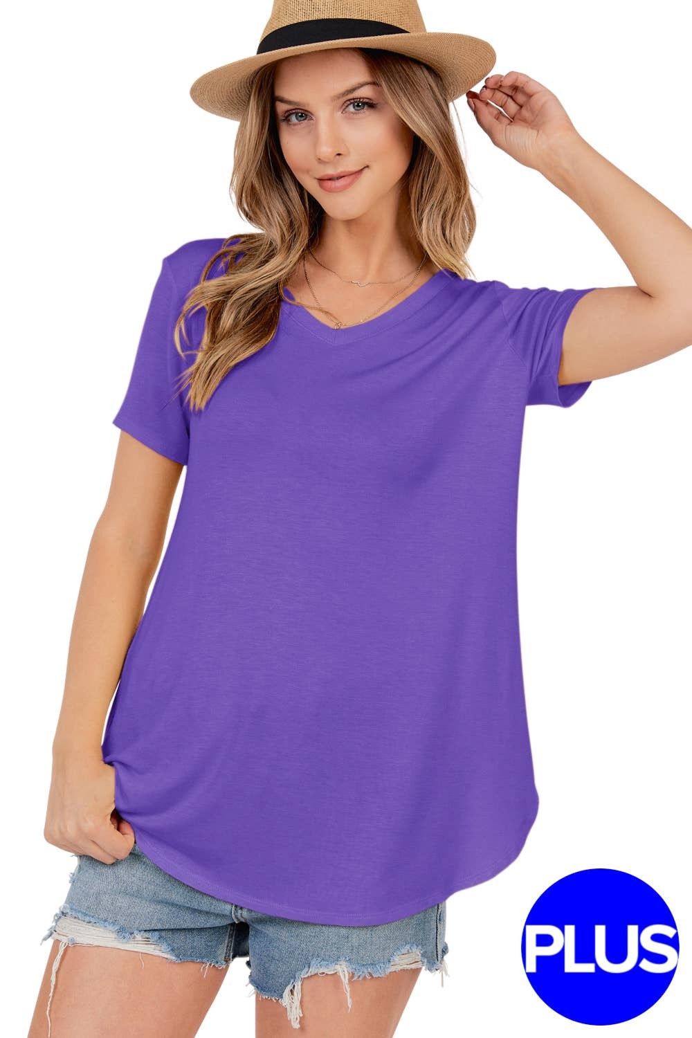 Basic Short Lilac Sleeve V Neck T Shirt Top With Rounded Hem in PLUS