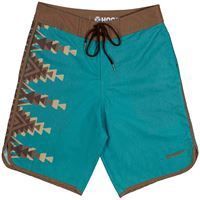 &quot;The Shaka&quot; Hooey Men&#39;s Shorts Turquoise/Brown Classic Board Shorts with Aztec Pattern Brown Waistband