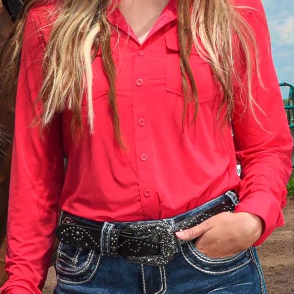 Cowgirl Tuff Ladies Breathe Instant Cooling pullover button up Bright Red 100524