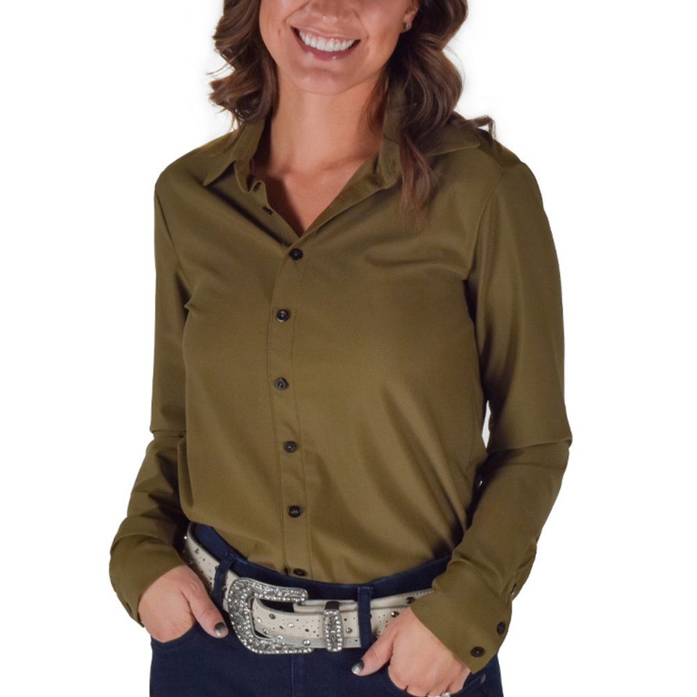 Cowgirl Tuff Pullover Button Up Olive Breathe Lightweight Stretch Jersey